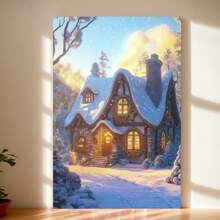 Hermosa casa navideña en la nieve - Póster de Navidad, impresiones en lienzo, arte de pared vintage para decorar la sala de estar, dormitorio, baño, cocina y hogar - enmarcado - Ver 2