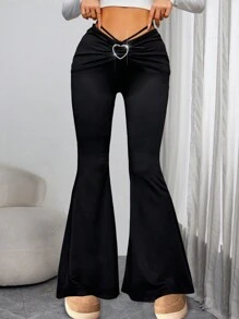Heart Ring Linked Tie Back Flare Leg Trousers - Black - View 4