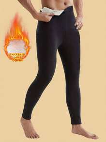 1 件男士保暖裤，保暖内衬厚冬季打底裤，高弹力中腰修身长内衣裤 - 黑色 - 查看 4