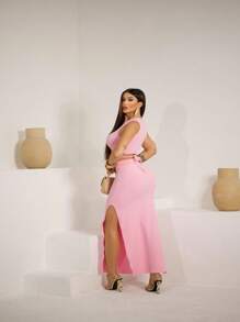 Cropped Tie-Up Set And Long Skirt With Ribbed Side Slits - 淺粉色 - 查看 2