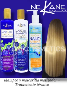 Kit 3pz nano, mascarilla mora y shampoo mora matizador cabello botox tratamiento térmico Nekane capilar - Azul - Ver 2