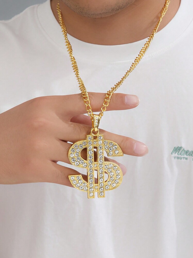 1pc Luxury Fashion Hiphop Unique Vintage Diamond Dollar Symbol Pendant Long Necklace, Sweater Chain, Hoodie Chain, Unisex - Yellow Gold - View 2