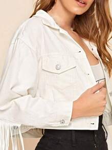 Women Casual Crop Denim Jacket Lightweight Tasseled Long Sleeves Button Jean Cardigan For Outwear Streetwear