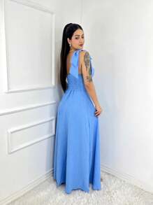 Long Luxury Plain Linen Dune Dress With One Shoulder Bow - 淺藍色 - 查看 3