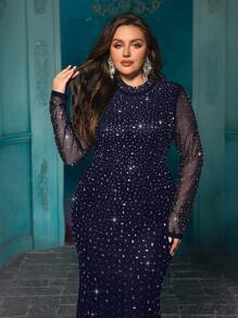 QOQ Temperament Plus Size Women Hot Drill Formal Dress Luxury Rhinestone Evening Gown For Dinner Party, Cocktail Party, Galas Solid Color Dresses - Navy Blue - View 8
