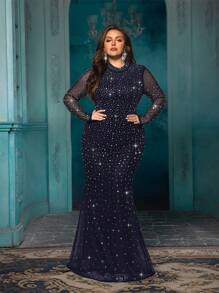 QOQ Temperament Plus Size Women Hot Drill Formal Dress Luxury Rhinestone Evening Gown For Dinner Party, Cocktail Party, Galas Solid Color Dresses - Navy Blue - View 5