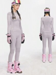VECTOR MOTION 女士运动打底裤和 T 恤套装，吸湿排汗、抗菌、高弹、保暖、透气、吸汗、户外 - 淺粉色 - 查看 6