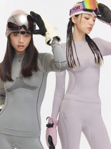 VECTOR MOTION 女士运动打底裤和 T 恤套装，吸湿排汗、抗菌、高弹、保暖、透气、吸汗、户外 - 淺粉色 - 查看 5
