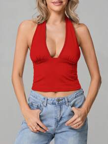 Women Crop Tank Tops Solid Color/Leopard Print Halter Neck Deep V-Neck Backless Casual Vests Summer Sleeveless Tops - Red - View 4