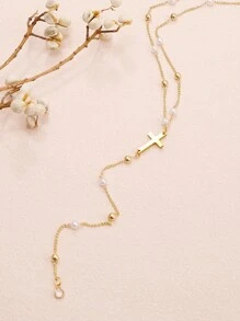 1pc Cross Gold Bead Pearl Necklace For Women,Faux Pearl Chain 14k Gold Plated Stainless Steel Gold Bead Chain Cross Long Collarbone Necklace Faith Necklace Christian Gifts, Friendship Gifts, Mama Gifts, Christmas Gifts, Faith Gifts,Jewelry Gifts
