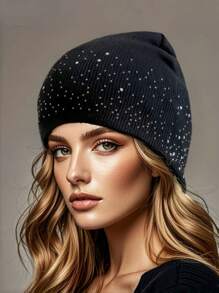 女式水钻镶嵌亚克力无檐便帽，采用弹性面料，轻盈保暖，哥特式字母纽约图案，Y2K 风格户外帽，透气，弹力针织帽，适合秋冬季，易于护理 - 彩色 - 查看 2