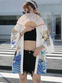 休闲度假旅行防晒宽松罩衫外套改良和服男女通用轻便外套日式美学鹤印花舞台表演制服披肩 - 白色 - 查看 2