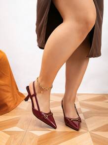 Wide Fit Wine Red PU Leather Material Metal Buckle Decor Ankle Strap Stiletto Heel Pumps, Suitable For Daily Wear, Banquet, Party, Fashion Plus Size Women
