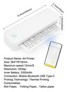 A4 Portable Wireless Travel Printer, Thermal Inkless Printer, A4 Thermal Printer Paper,Supports 8.5" X 11" US Letter Paper,Mobile Printer Compatible With IPhone Android Windows For Office, Home And Car - Please Select Printer Or Paper Option - A4 Thermal Printer - View 2