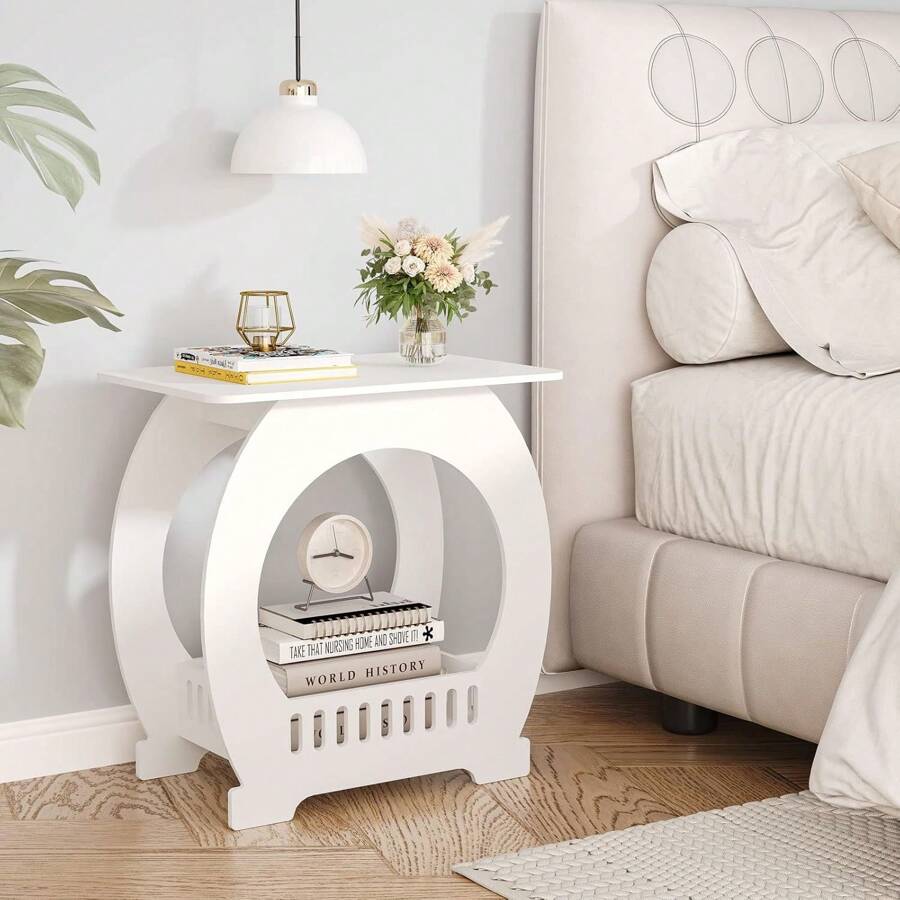 White Living Room End Tables, Small Bedside Table With Storage Shelf Basket, Side Table Small Spaces, Slim Coffee Tables, White Nightstand, Sofa Table For Bedroom Or Bathroom