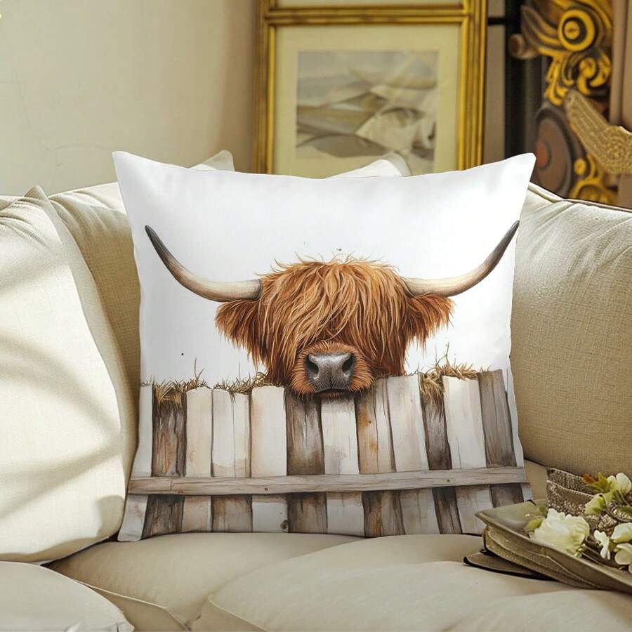 1 Vỏ gối hình con bò đực Highlander tối giản, nhung đào mềm mại in một mặt, vỏ gối 45*45CM thích hợp trang trí trong nhà, tiệc tùng, quà tặng gối trang trí - Nhiều màu - Xem 1