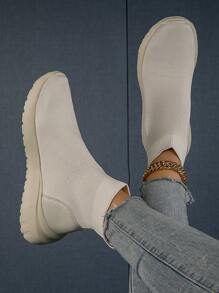 Botas tipo calcetín informales de punta redonda en beige para mujer, zapatos deportivos de exterior de punto elástico transpirable de caña alta, para todas las estaciones - Beis - Ver 1