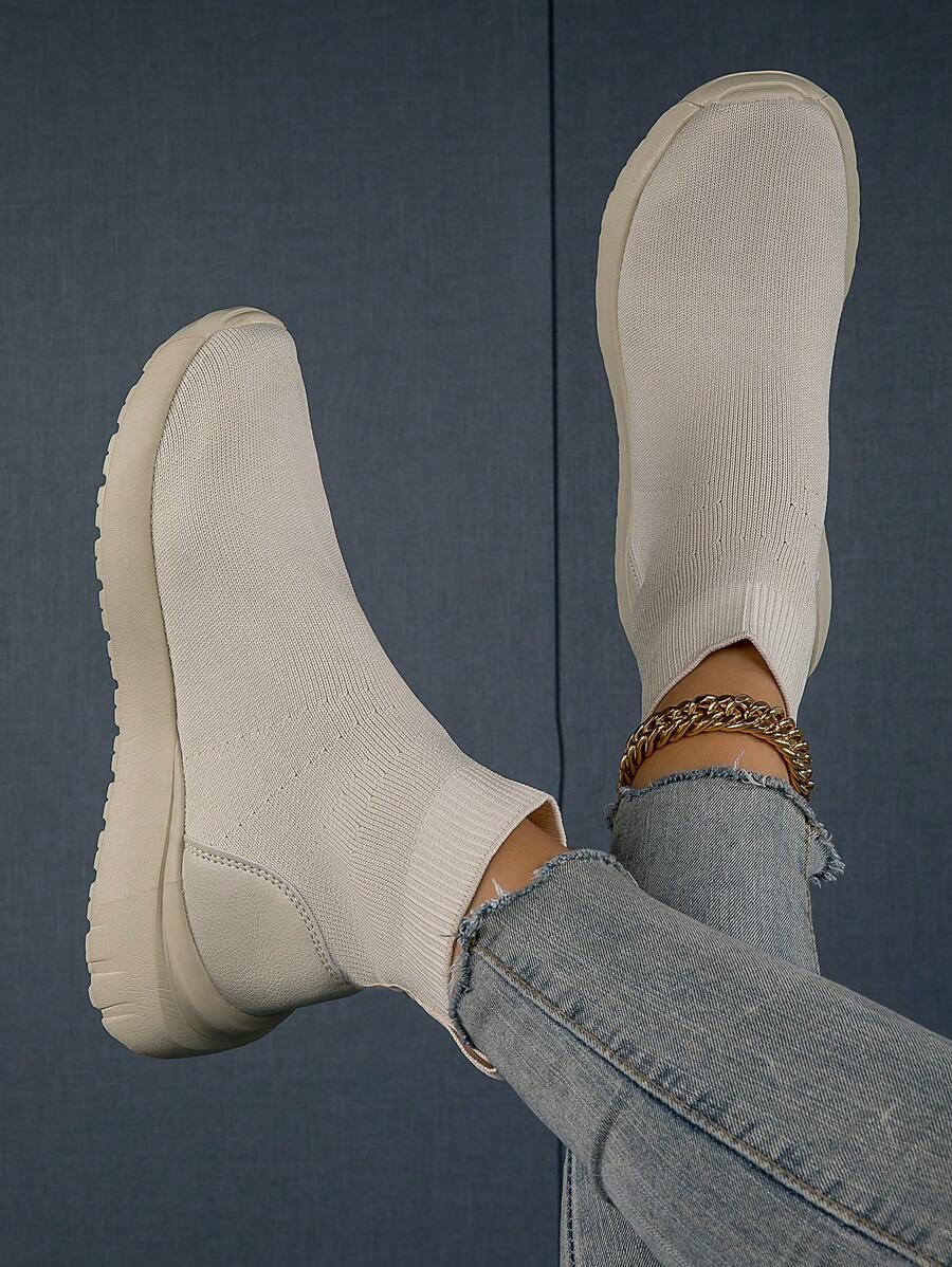 Botas tipo calcetín informales de punta redonda en beige para mujer, zapatos deportivos de exterior de punto elástico transpirable de caña alta, para todas las estaciones - Beis - Ver 1