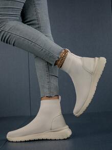 Botas tipo calcetín informales de punta redonda en beige para mujer, zapatos deportivos de exterior de punto elástico transpirable de caña alta, para todas las estaciones - Beis - Ver 5