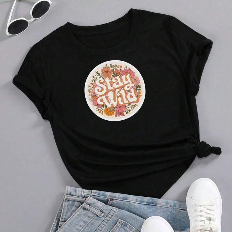 Stay Wild Printed T-Shirt Blouse Women's Clothing Aesthetic Streetwear T-Shirt100% Cotton - 黑色 - 查看 1