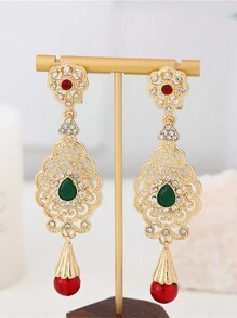 1 Pair Gold Tone Flower Shaped Earrings With Plastic Rhinestones, Elegant Vintage Boho Moroccan Style For Weddings, Parties, Holidays