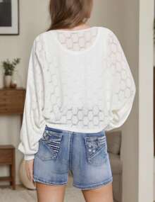Women's Casual Crochet Hollowed Out Batwing Cardigan Sweater - White - View 5