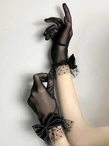 （领结款式随机）1双女士黑色薄款透气波点网纱蕾丝花边创意蝴蝶结手套，优雅婚礼新娘装饰手套，适合婚礼、晚宴、演出和摄影等场合，情人节配饰