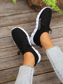 Sapatos femininos de malha respirável, tiras delicadas de garganta profunda, sola grossa, tênis casuais para corrida, primavera/verão