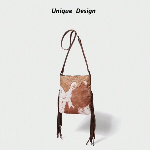 Borsa a tracolla in stile fashion con stampa mucca e nappe, in pelle PU goffrata con lavorazione artigianale bohémien