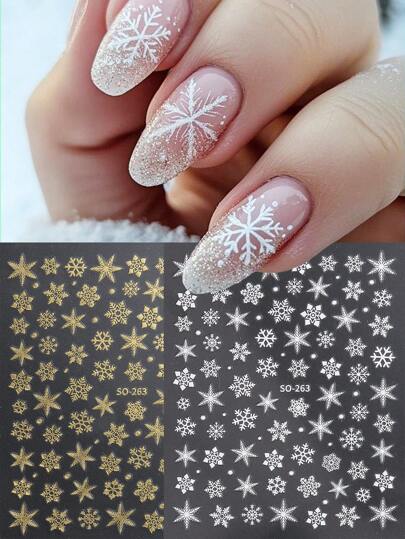 Winter Snowflakes Nail Art Stickers White Gold Diversity Snowflake Christmas Nail Design Sliders Self-Adhesive Decal DIY Snow Decoration(2pcs)