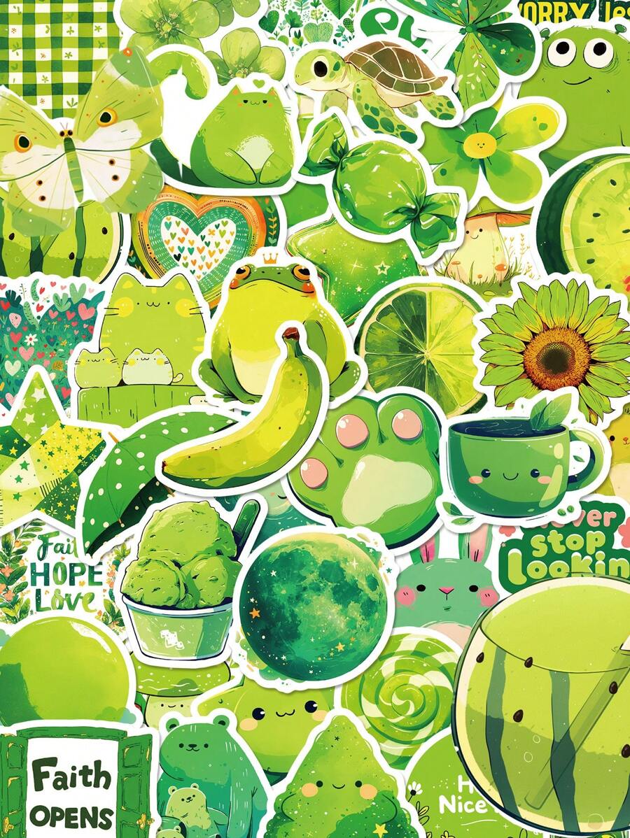 50 张绿色贴纸，美观动物植物涂鸦贴纸，适用于水瓶、笔记本电脑、滑板、行李箱、冰箱、DIY 剪贴簿、防水贴纸，适合儿童成人青少年 - 彩色 - 查看 1