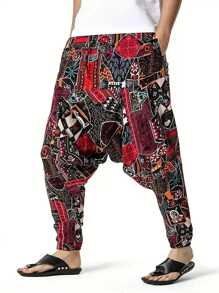 亚麻混纺男士抽绳哈伦裤，波西米亚印花宽松沙滩裤，休闲街头风格嘻哈服装 - 彩色 - 查看 5