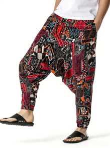 亚麻混纺男士抽绳哈伦裤，波西米亚印花宽松沙滩裤，休闲街头风格嘻哈服装 - 彩色 - 查看 1