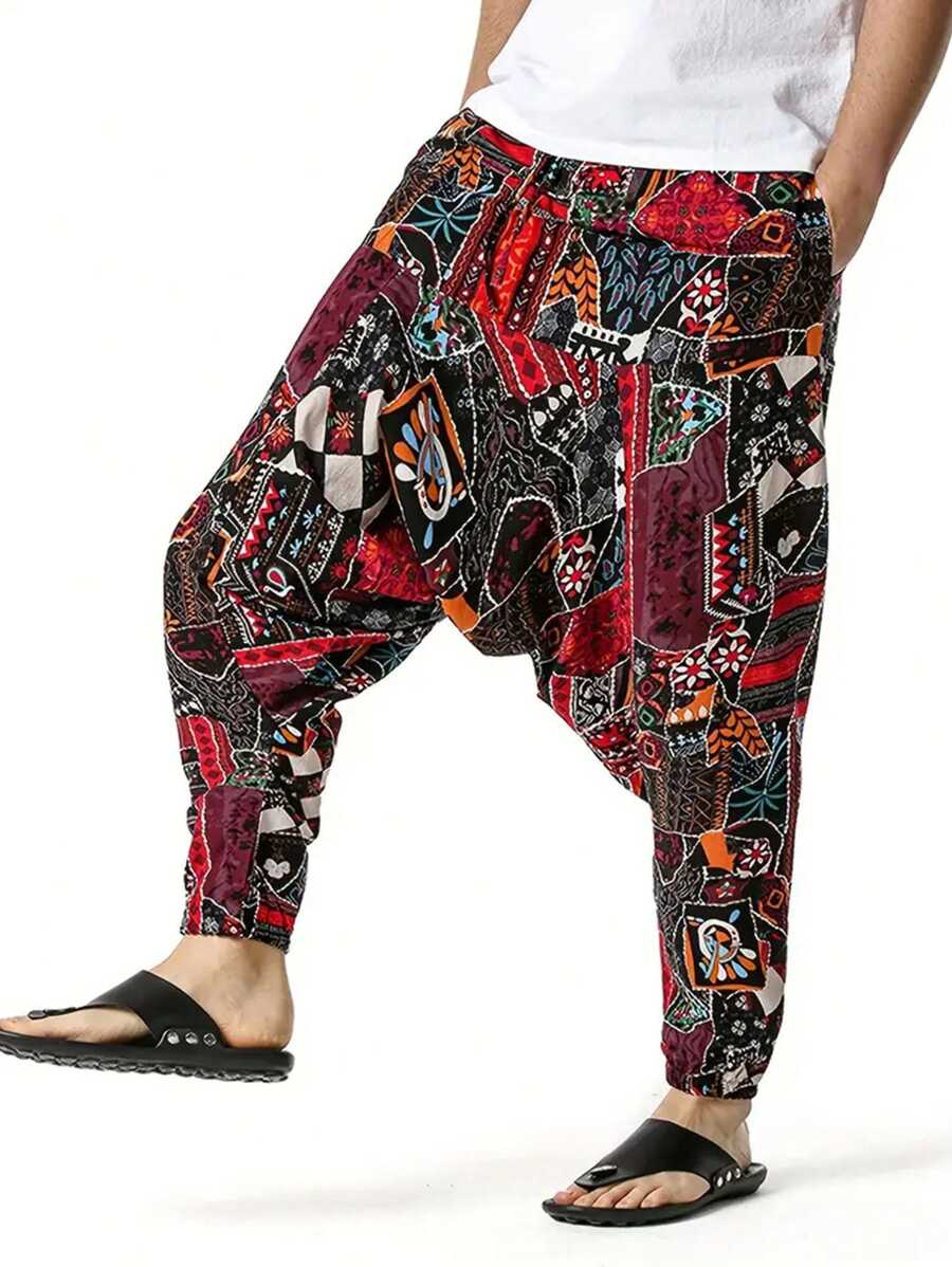 亚麻混纺男士抽绳哈伦裤，波西米亚印花宽松沙滩裤，休闲街头风格嘻哈服装 - 彩色 - 查看 1