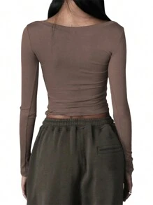 Women Henley Shirt Casual Solid Color Retro 1/2 Button Long Sleeve Y2K Slim Fitted Ribbed Knit Crop Tops - Khaki - View 2