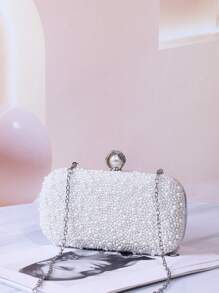 珍珠装饰手拿包，优雅高端手提包，适合订婚派对、旗袍礼服、优雅女士晚宴 - 銀色 - 查看 3