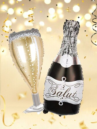 2pcs Silver & Black Wine Bottle & Champagne Glass Balloons, Suitable For Birthday Party, New Year's Eve, Bar, Anniversary, Bridal Shower, Photo Booth Props, Wine Bottle & Glass Background Decor