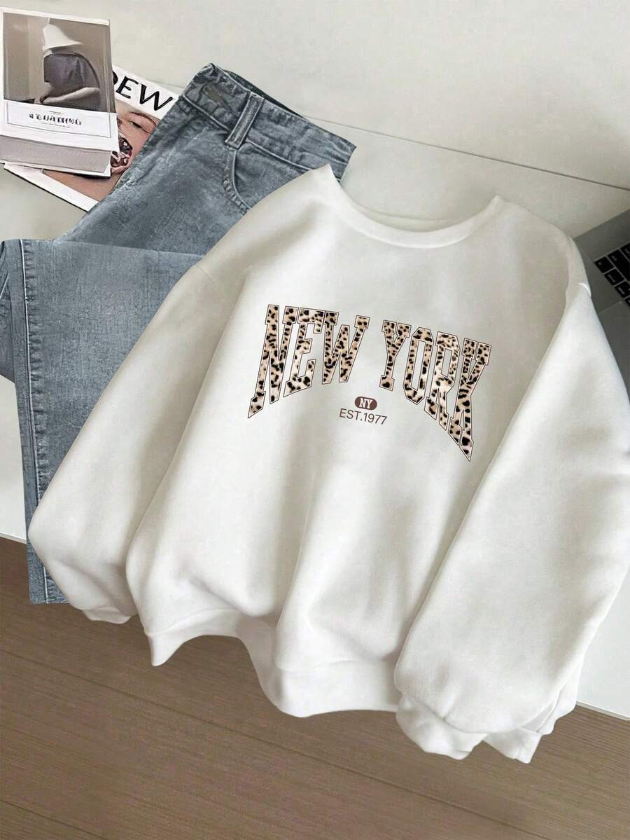 女式豹纹口号图案圆领运动衫、长袖上衣 - 白色 - 查看 1