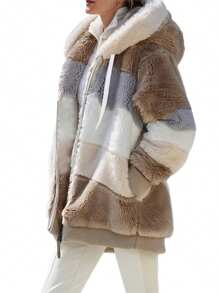 Women Contrast Color Hooded Coat, Long Sleeve Zip-Up Plush Tops For Spring, Autumn - Khaki - View 1