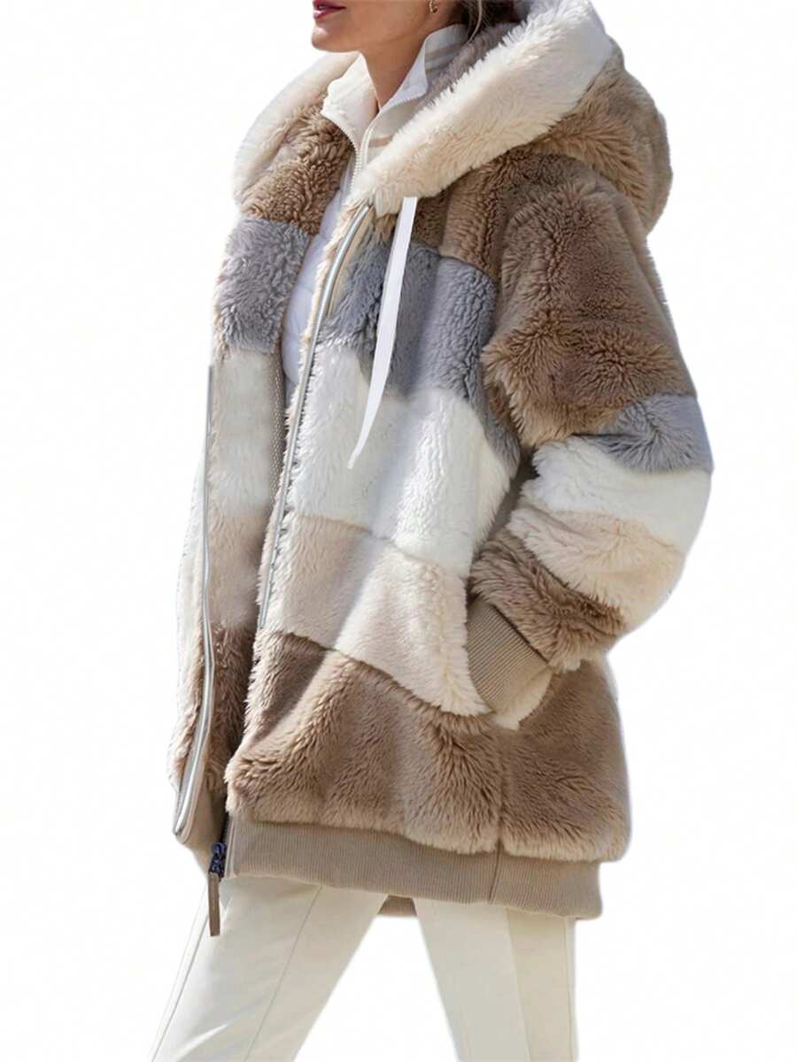 Women Contrast Color Hooded Coat, Long Sleeve Zip-Up Plush Tops For Spring, Autumn - Khaki - View 1