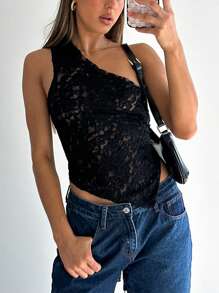 Women Lace Vest, Sleeveless One-Shoulder Backless Irregular Summer Tops Clubwear For Party - Black - View 2
