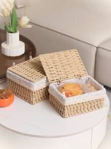 1 Pezzo Scatola da tavolo per il Contenimento, Scatola portaoggetti intrecciata in rattan di carta, Cesto di Stoccaggio con Coperchio, Cesto per riporre Vari Oggetti, Snack, Prodotti Cosmetici, Cucina, Giocattoli, Cesto Portaoggetti per Cosmetici, Cesto