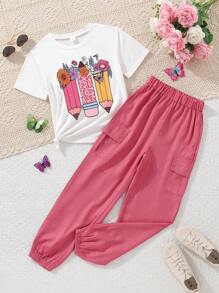Tween Girls' Cartoon Print Short Sleeve T-Shirt And Cargo Pants Set