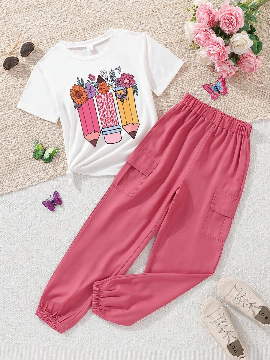 Tween Girls' Cartoon Print Short Sleeve T-Shirt And Cargo Pants Set