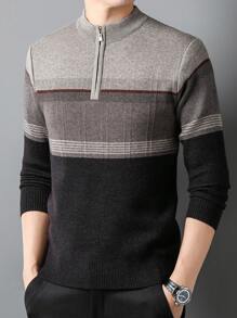 Men's Thick Zip-Up Collar Knitted Sweater, Winter - Camel - View 2