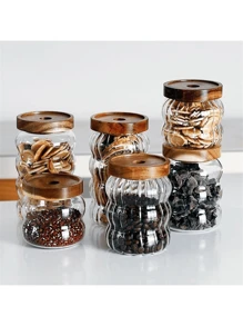 1 件创意谷物玻璃储物罐，带红木盖，密封硼硅酸盐玻璃咖啡豆罐 - 彩色 - 查看 3