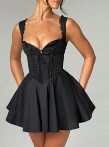 Women's Mini Corset Dress A-Line Deep V Neck Backless Ruffle Hem Sleeveless Dress For Party Club - màu đen - Xem 6