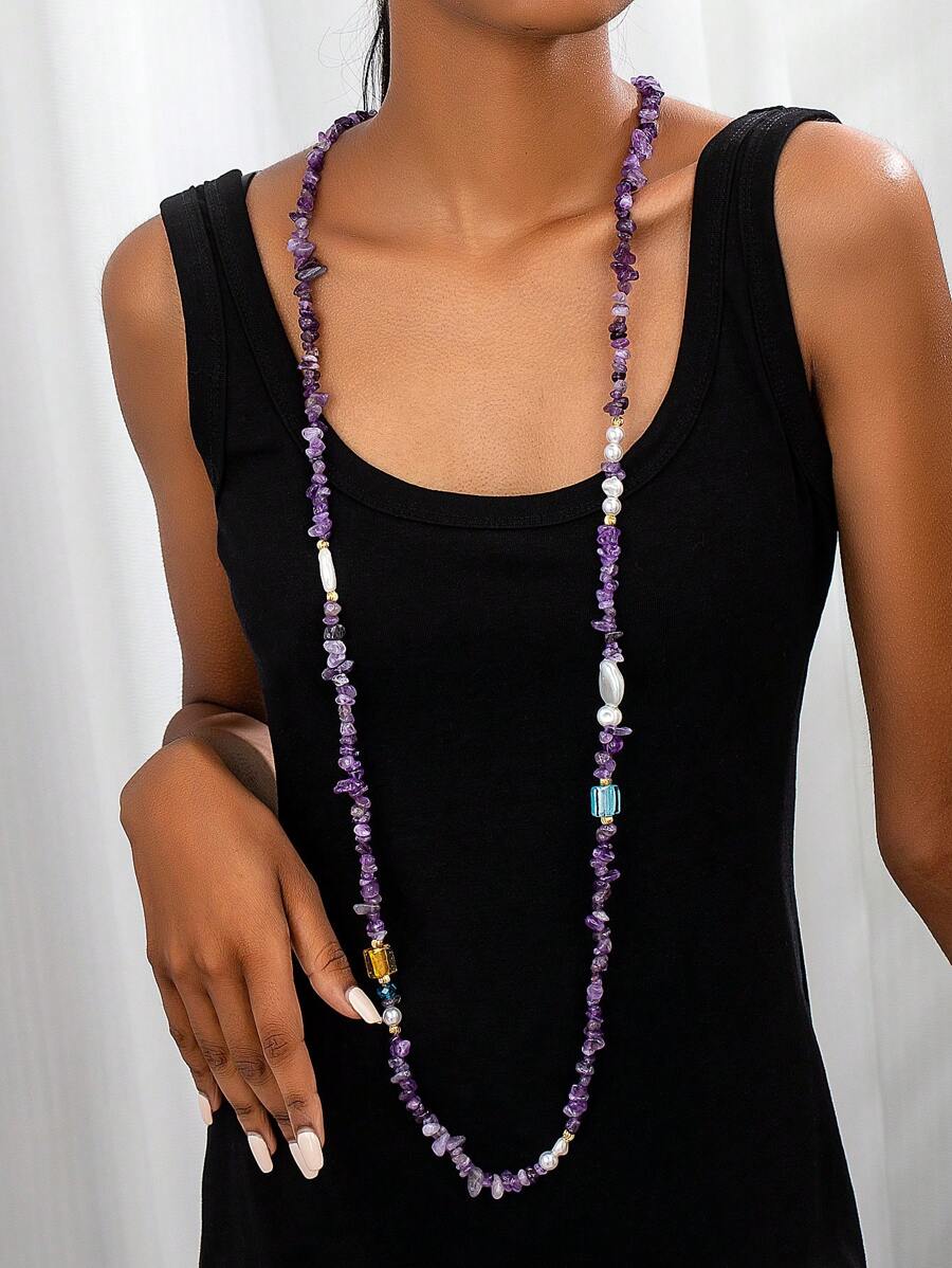 1pc Stylish European Amethyst Bead Layered Long Necklace, Suitable For Everyday Wear - Long Amethyst Necklace - View 1