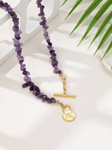 1pc Stylish European Amethyst Bead Layered Long Necklace, Suitable For Everyday Wear - Long Amethyst Necklace - View 3