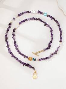 1pc Stylish European Amethyst Bead Layered Long Necklace, Suitable For Everyday Wear - Long Amethyst Necklace - View 2